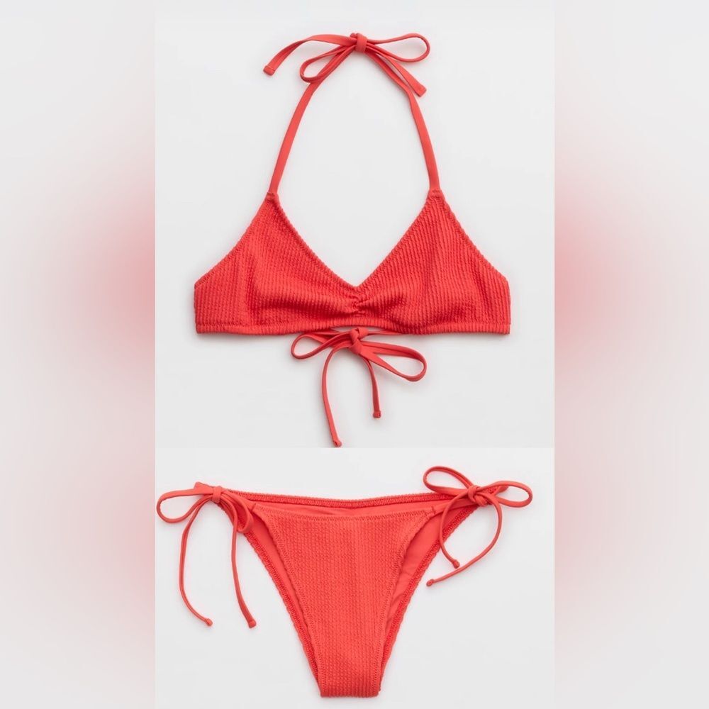 NWT Aerie FULL SET Crinkle Halter Voop Top + Cheekiest Tie Bottom Resort Red - L